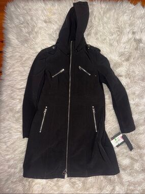 Black Hooded Women's Coat with Zip Pockets